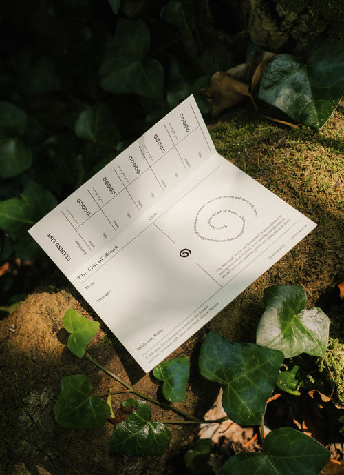 Our gift voucher booklet with a spiral illustration lies on mossy ground surrounded by green ivy leaves in natural outdoor light.